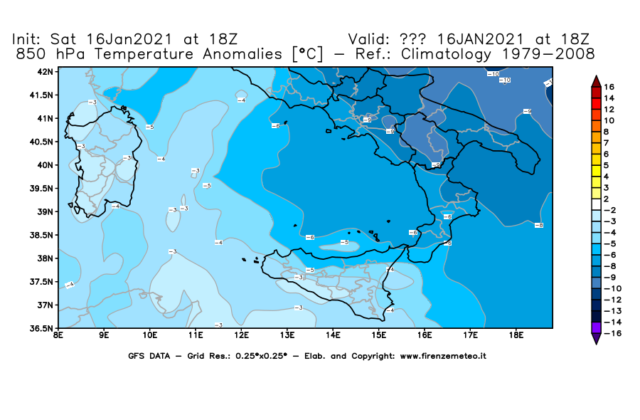 Mappa di analisi GFS - Anomalia Temperatura [°C] a 850 hPa in Sud-Italia
							del 16/01/2021 18 <!--googleoff: index-->UTC<!--googleon: index-->