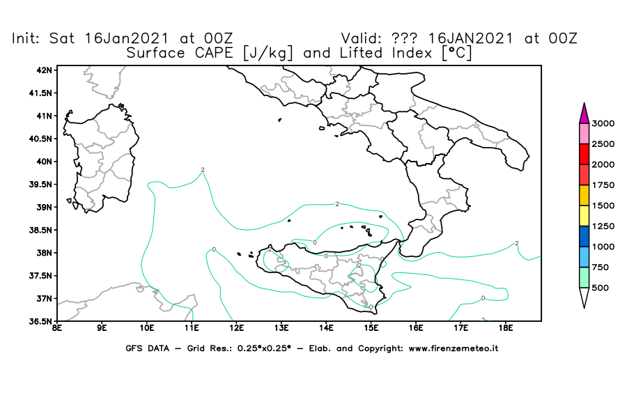 Mappa di analisi GFS - CAPE [J/kg] e Lifted Index [°C] in Sud-Italia
							del 16/01/2021 00 <!--googleoff: index-->UTC<!--googleon: index-->