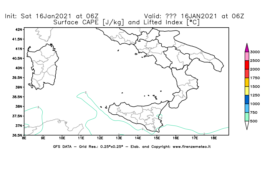 Mappa di analisi GFS - CAPE [J/kg] e Lifted Index [°C] in Sud-Italia
							del 16/01/2021 06 <!--googleoff: index-->UTC<!--googleon: index-->