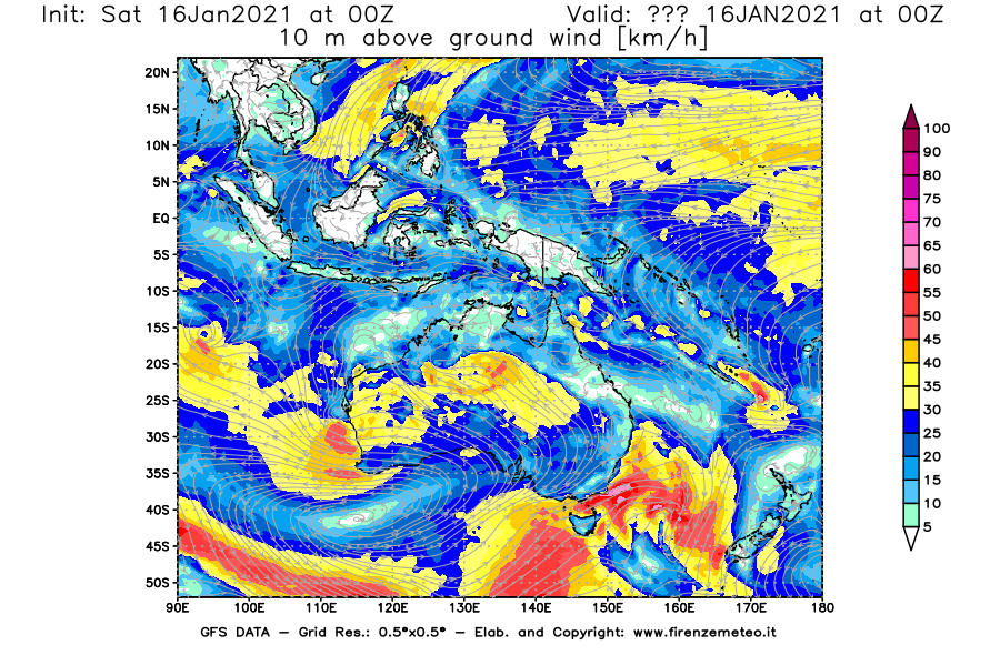 Mappa di analisi GFS - Velocità del vento a 10 metri dal suolo [km/h] in Oceania
							del 16/01/2021 00 <!--googleoff: index-->UTC<!--googleon: index-->