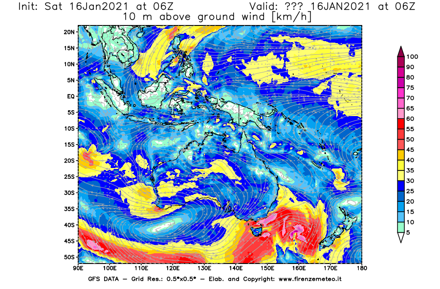 Mappa di analisi GFS - Velocità del vento a 10 metri dal suolo [km/h] in Oceania
							del 16/01/2021 06 <!--googleoff: index-->UTC<!--googleon: index-->