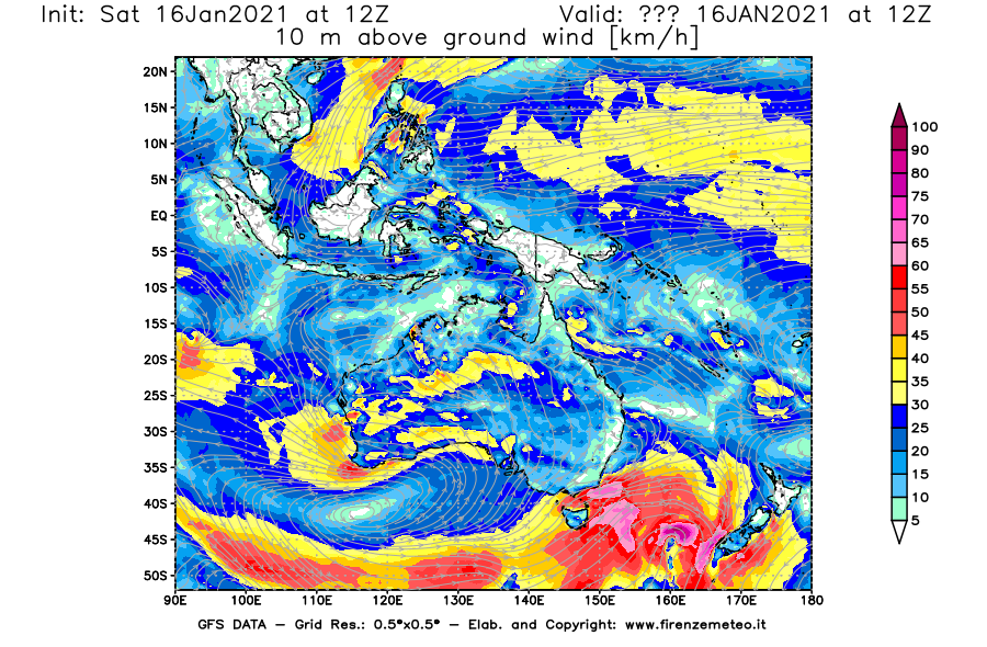 Mappa di analisi GFS - Velocità del vento a 10 metri dal suolo [km/h] in Oceania
							del 16/01/2021 12 <!--googleoff: index-->UTC<!--googleon: index-->