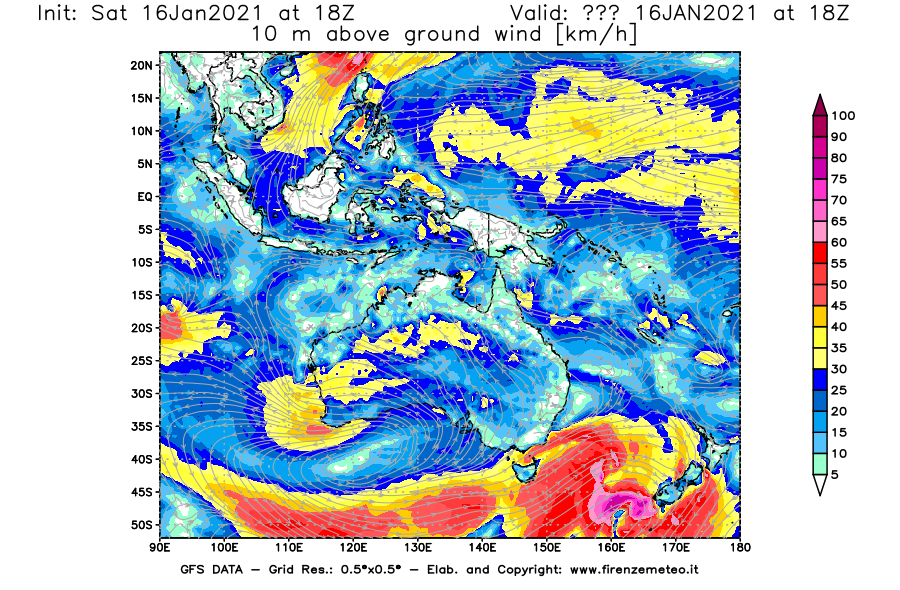 Mappa di analisi GFS - Velocità del vento a 10 metri dal suolo [km/h] in Oceania
							del 16/01/2021 18 <!--googleoff: index-->UTC<!--googleon: index-->