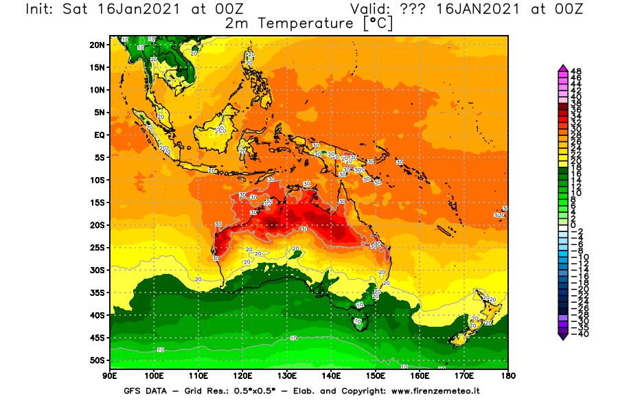 Mappa di analisi GFS - Temperatura a 2 metri dal suolo [°C] in Oceania
							del 16/01/2021 00 <!--googleoff: index-->UTC<!--googleon: index-->