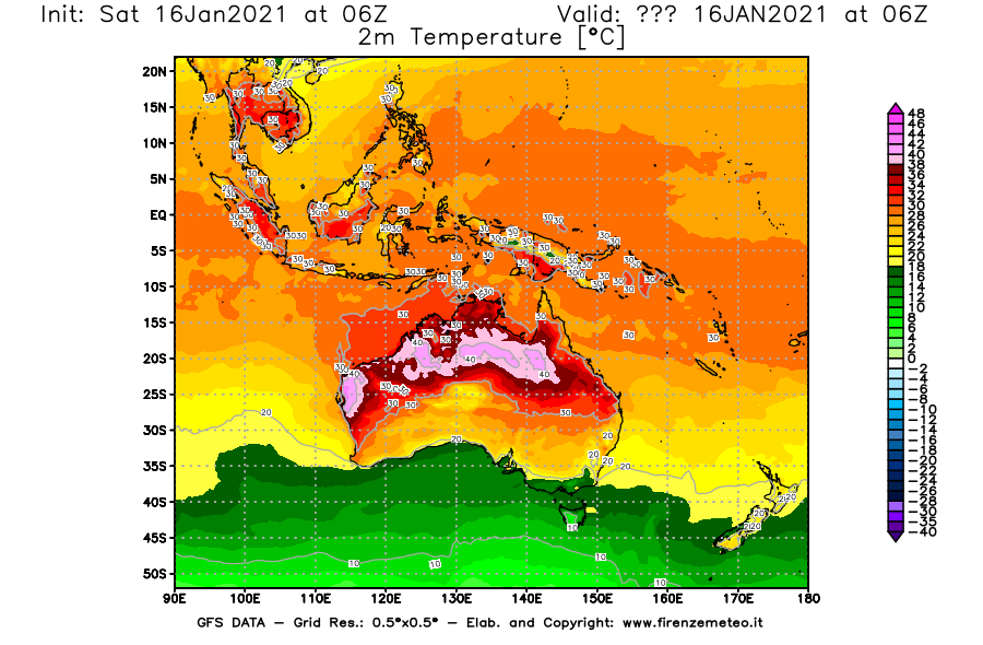 Mappa di analisi GFS - Temperatura a 2 metri dal suolo [°C] in Oceania
							del 16/01/2021 06 <!--googleoff: index-->UTC<!--googleon: index-->