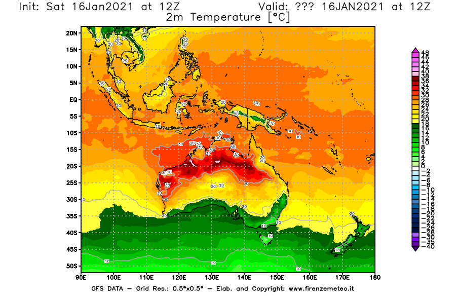 Mappa di analisi GFS - Temperatura a 2 metri dal suolo [°C] in Oceania
							del 16/01/2021 12 <!--googleoff: index-->UTC<!--googleon: index-->