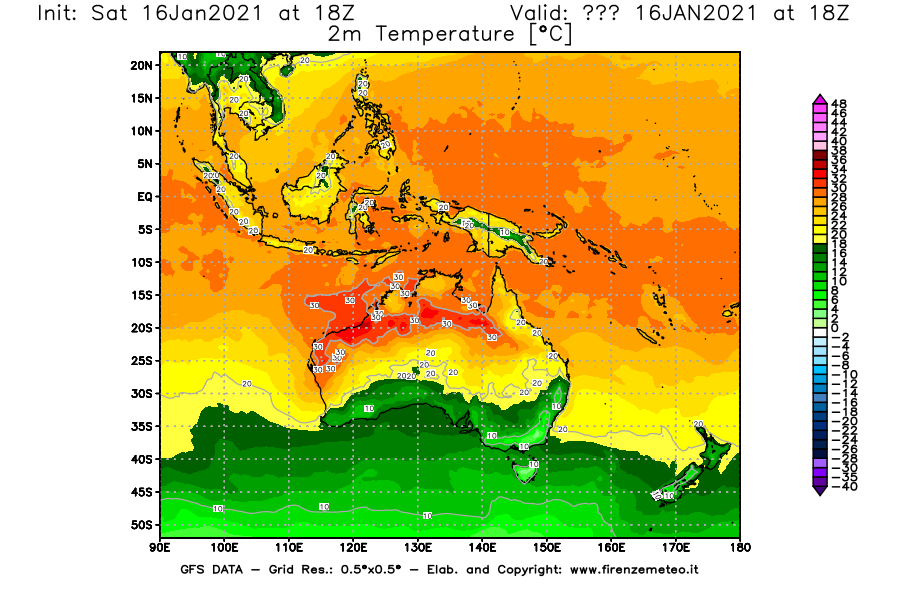 Mappa di analisi GFS - Temperatura a 2 metri dal suolo [°C] in Oceania
							del 16/01/2021 18 <!--googleoff: index-->UTC<!--googleon: index-->