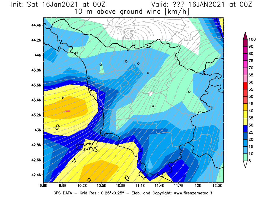 Mappa di analisi GFS - Velocità del vento a 10 metri dal suolo [km/h] in Toscana
							del 16/01/2021 00 <!--googleoff: index-->UTC<!--googleon: index-->