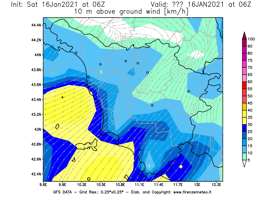 Mappa di analisi GFS - Velocità del vento a 10 metri dal suolo [km/h] in Toscana
							del 16/01/2021 06 <!--googleoff: index-->UTC<!--googleon: index-->