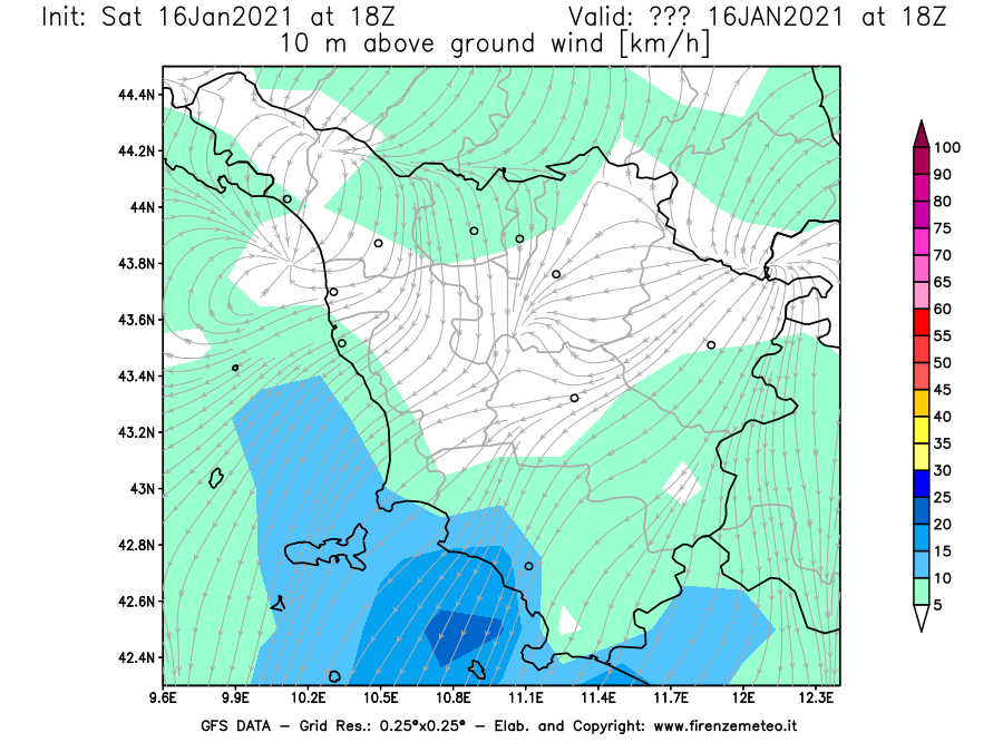 Mappa di analisi GFS - Velocità del vento a 10 metri dal suolo [km/h] in Toscana
							del 16/01/2021 18 <!--googleoff: index-->UTC<!--googleon: index-->