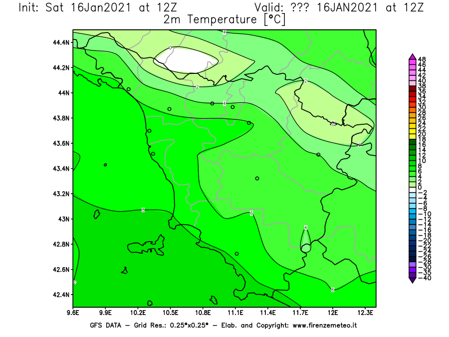 Mappa di analisi GFS - Temperatura a 2 metri dal suolo [°C] in Toscana
							del 16/01/2021 12 <!--googleoff: index-->UTC<!--googleon: index-->
