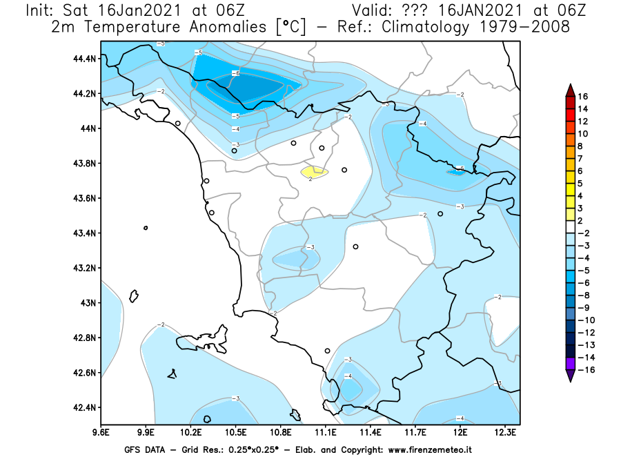 Mappa di analisi GFS - Anomalia Temperatura [°C] a 2 m in Toscana
							del 16/01/2021 06 <!--googleoff: index-->UTC<!--googleon: index-->
