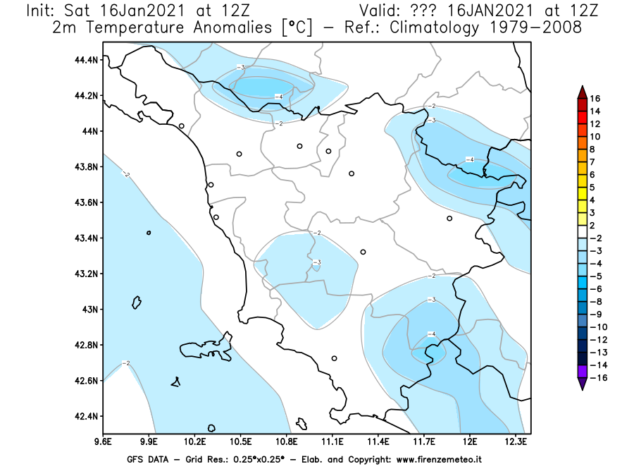 Mappa di analisi GFS - Anomalia Temperatura [°C] a 2 m in Toscana
							del 16/01/2021 12 <!--googleoff: index-->UTC<!--googleon: index-->
