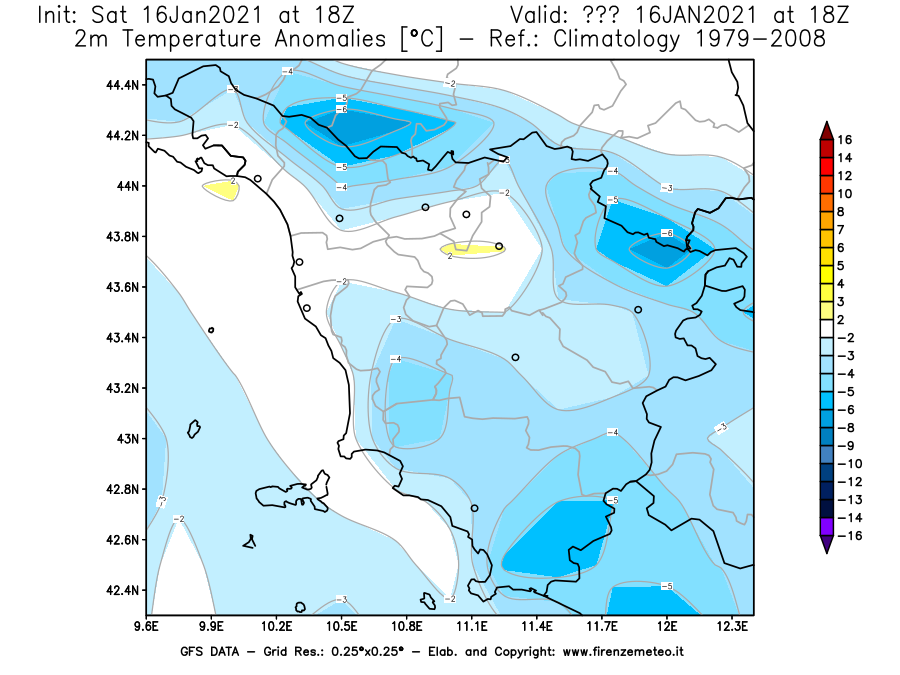 Mappa di analisi GFS - Anomalia Temperatura [°C] a 2 m in Toscana
							del 16/01/2021 18 <!--googleoff: index-->UTC<!--googleon: index-->