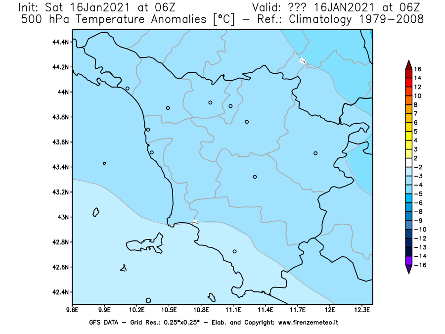Mappa di analisi GFS - Anomalia Temperatura [°C] a 500 hPa in Toscana
							del 16/01/2021 06 <!--googleoff: index-->UTC<!--googleon: index-->