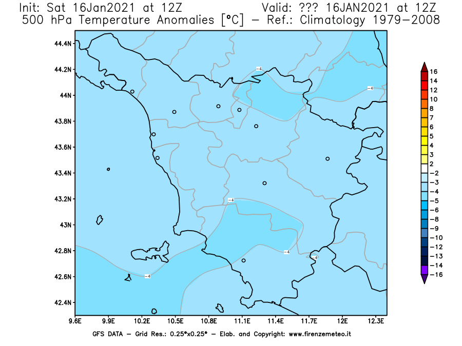 Mappa di analisi GFS - Anomalia Temperatura [°C] a 500 hPa in Toscana
							del 16/01/2021 12 <!--googleoff: index-->UTC<!--googleon: index-->