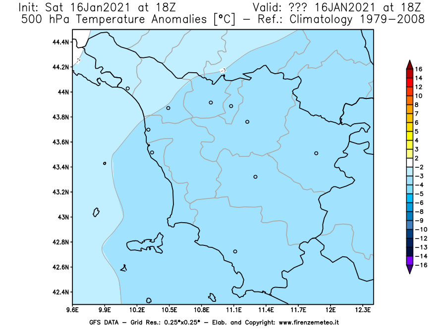 Mappa di analisi GFS - Anomalia Temperatura [°C] a 500 hPa in Toscana
							del 16/01/2021 18 <!--googleoff: index-->UTC<!--googleon: index-->