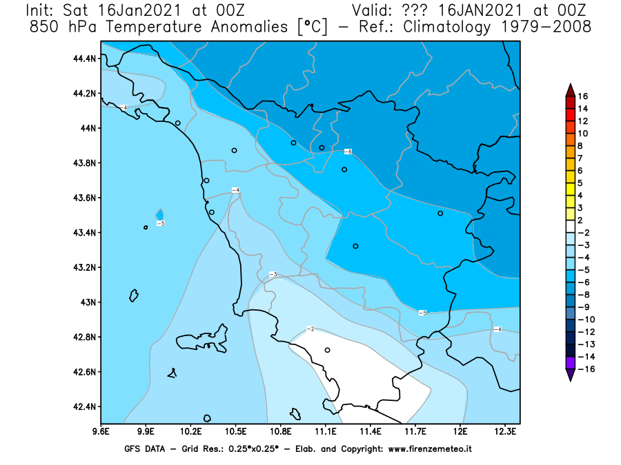 Mappa di analisi GFS - Anomalia Temperatura [°C] a 850 hPa in Toscana
							del 16/01/2021 00 <!--googleoff: index-->UTC<!--googleon: index-->