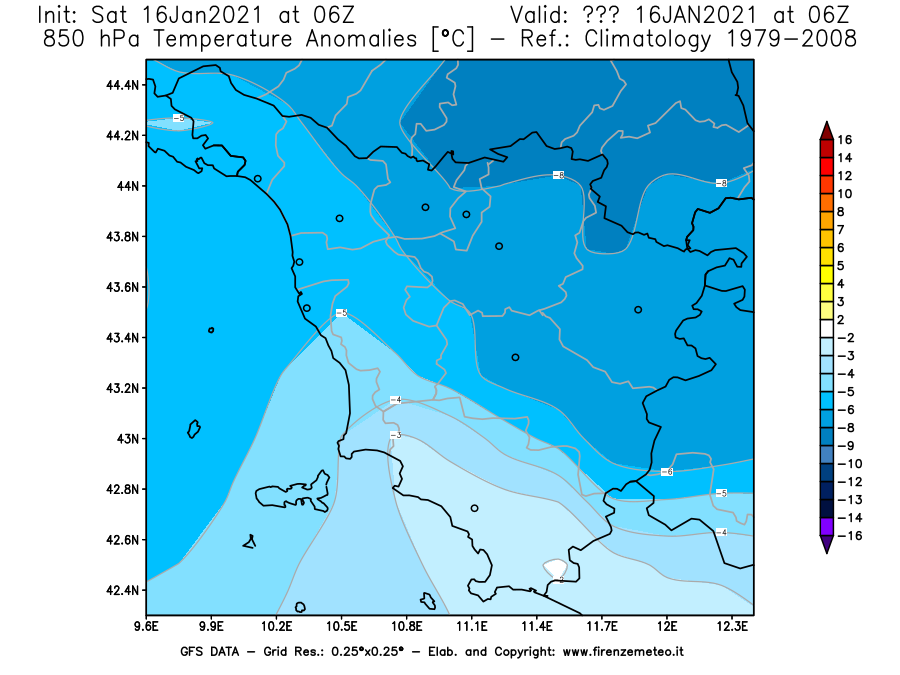 Mappa di analisi GFS - Anomalia Temperatura [°C] a 850 hPa in Toscana
							del 16/01/2021 06 <!--googleoff: index-->UTC<!--googleon: index-->