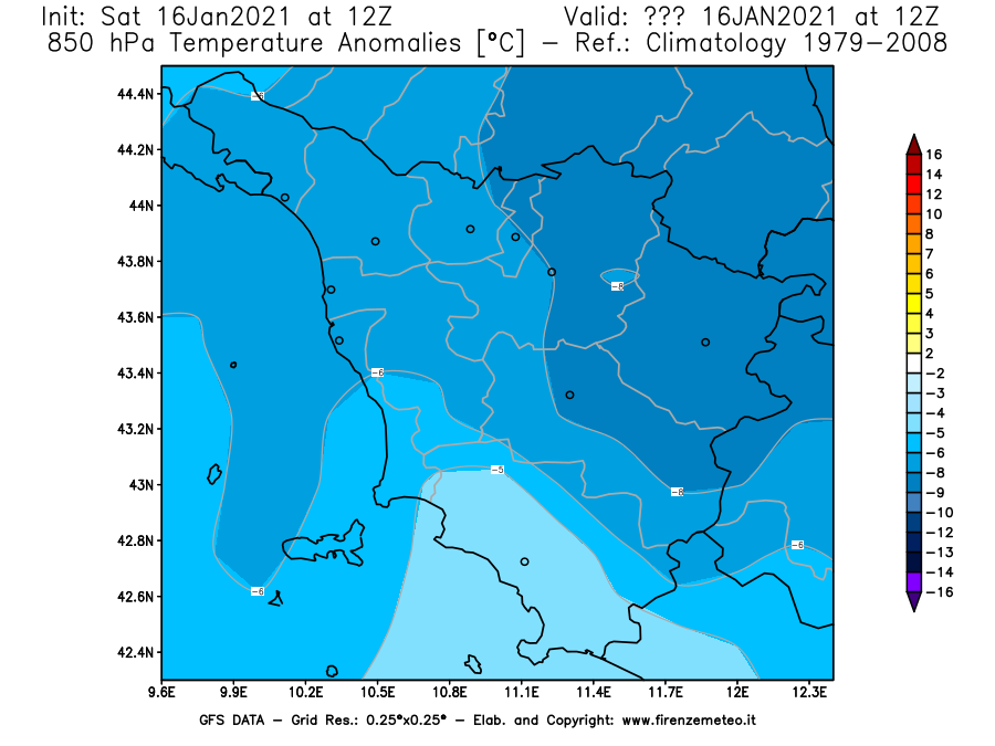Mappa di analisi GFS - Anomalia Temperatura [°C] a 850 hPa in Toscana
							del 16/01/2021 12 <!--googleoff: index-->UTC<!--googleon: index-->