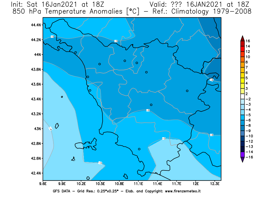 Mappa di analisi GFS - Anomalia Temperatura [°C] a 850 hPa in Toscana
							del 16/01/2021 18 <!--googleoff: index-->UTC<!--googleon: index-->