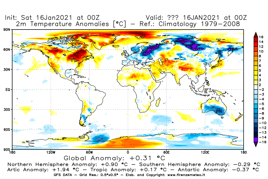 Mappa di analisi GFS - Anomalia Temperatura [°C] a 2 m in World
							del 16/01/2021 00 <!--googleoff: index-->UTC<!--googleon: index-->