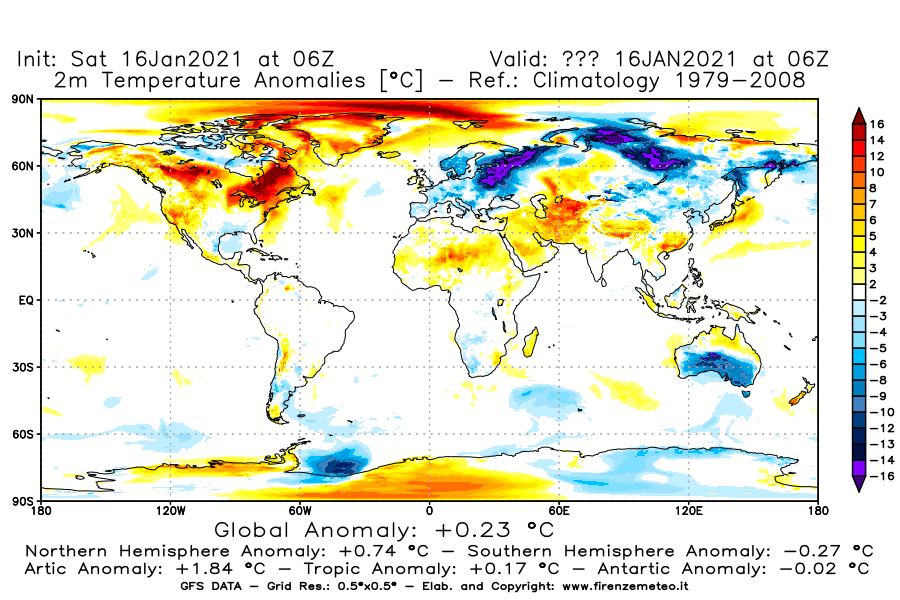 Mappa di analisi GFS - Anomalia Temperatura [°C] a 2 m in World
							del 16/01/2021 06 <!--googleoff: index-->UTC<!--googleon: index-->