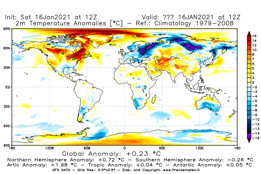 Mappa di analisi GFS - Anomalia Temperatura [°C] a 2 m in World
							del 16/01/2021 12 <!--googleoff: index-->UTC<!--googleon: index-->