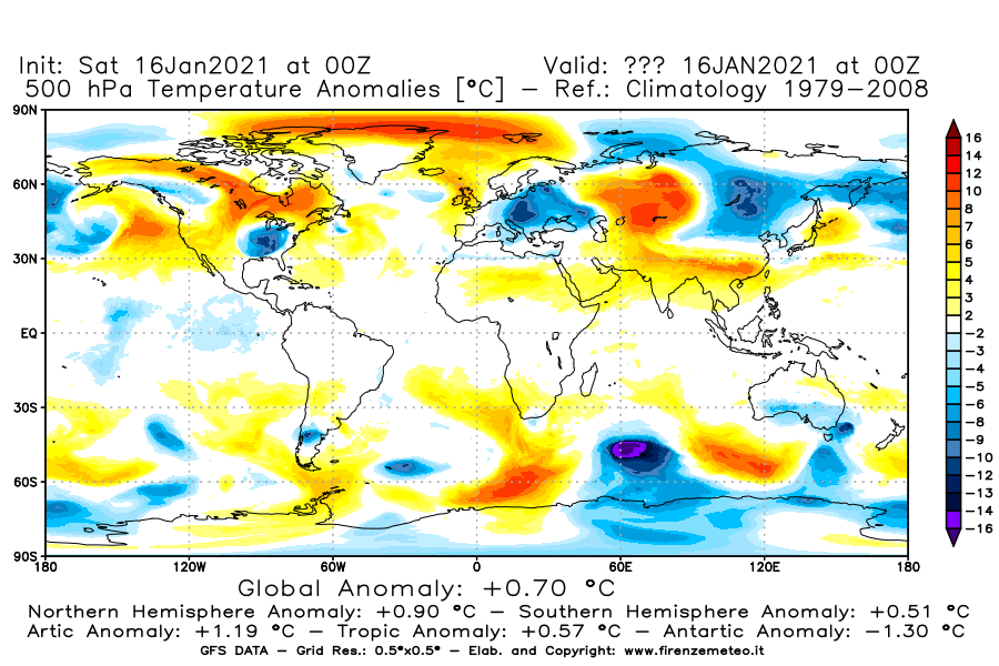 Mappa di analisi GFS - Anomalia Temperatura [°C] a 500 hPa in World
							del 16/01/2021 00 <!--googleoff: index-->UTC<!--googleon: index-->