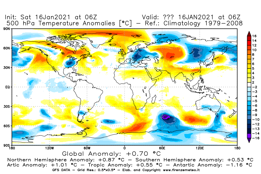Mappa di analisi GFS - Anomalia Temperatura [°C] a 500 hPa in World
							del 16/01/2021 06 <!--googleoff: index-->UTC<!--googleon: index-->