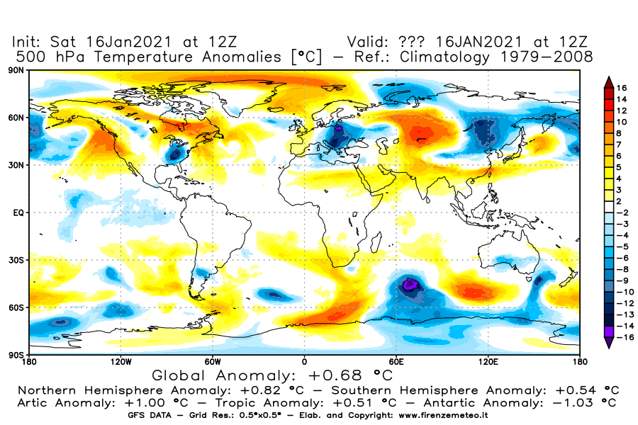 Mappa di analisi GFS - Anomalia Temperatura [°C] a 500 hPa in World
							del 16/01/2021 12 <!--googleoff: index-->UTC<!--googleon: index-->