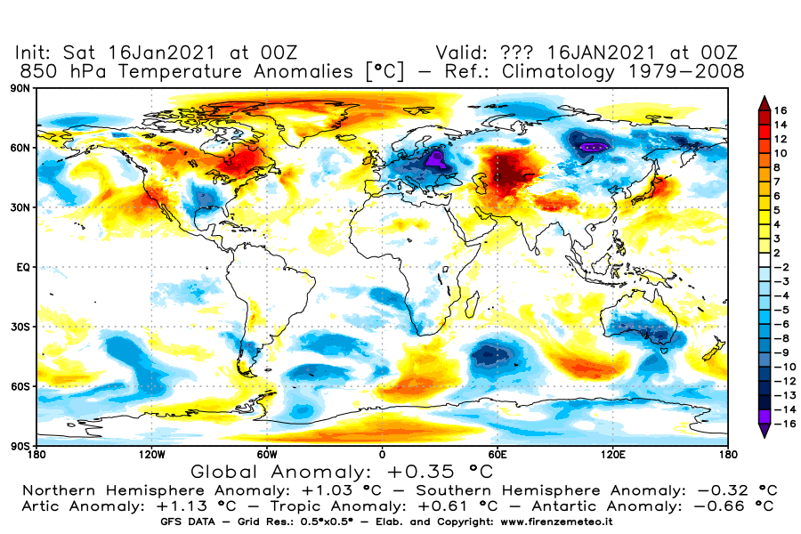 Mappa di analisi GFS - Anomalia Temperatura [°C] a 850 hPa in World
							del 16/01/2021 00 <!--googleoff: index-->UTC<!--googleon: index-->