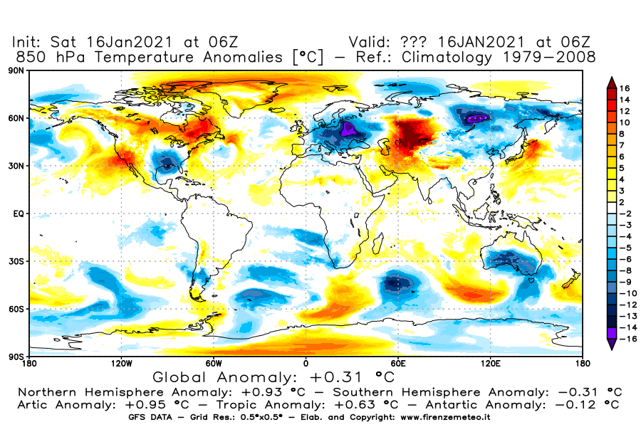Mappa di analisi GFS - Anomalia Temperatura [°C] a 850 hPa in World
							del 16/01/2021 06 <!--googleoff: index-->UTC<!--googleon: index-->