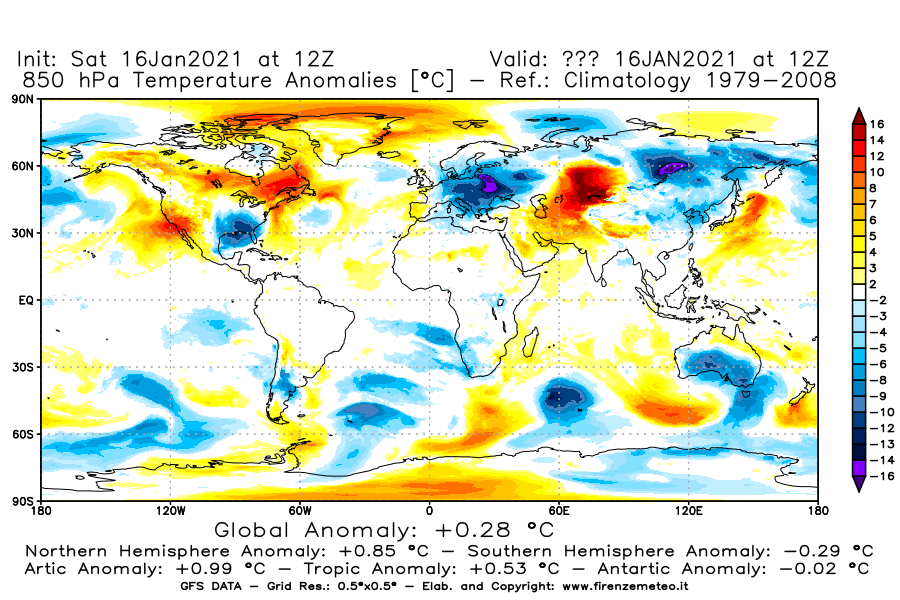 Mappa di analisi GFS - Anomalia Temperatura [°C] a 850 hPa in World
							del 16/01/2021 12 <!--googleoff: index-->UTC<!--googleon: index-->