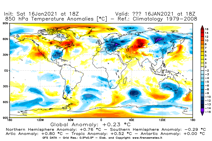 Mappa di analisi GFS - Anomalia Temperatura [°C] a 850 hPa in World
							del 16/01/2021 18 <!--googleoff: index-->UTC<!--googleon: index-->