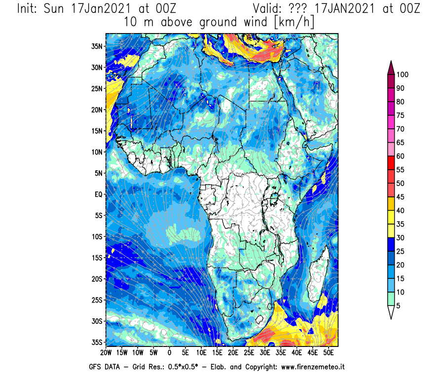 Mappa di analisi GFS - Velocità del vento a 10 metri dal suolo [km/h] in Africa
							del 17/01/2021 00 <!--googleoff: index-->UTC<!--googleon: index-->