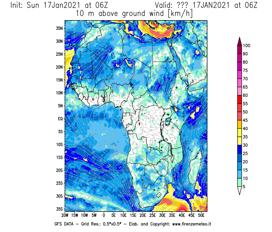 Mappa di analisi GFS - Velocità del vento a 10 metri dal suolo [km/h] in Africa
							del 17/01/2021 06 <!--googleoff: index-->UTC<!--googleon: index-->