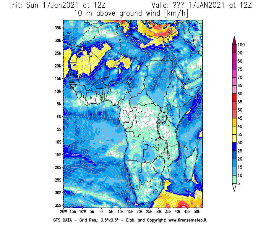 Mappa di analisi GFS - Velocità del vento a 10 metri dal suolo [km/h] in Africa
							del 17/01/2021 12 <!--googleoff: index-->UTC<!--googleon: index-->