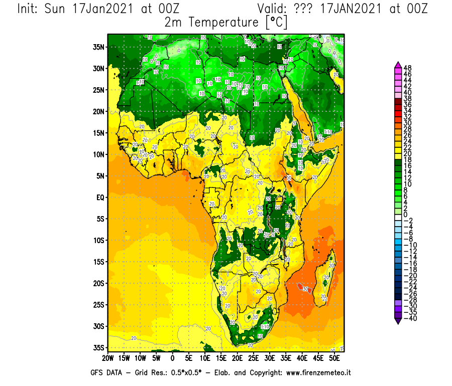 Mappa di analisi GFS - Temperatura a 2 metri dal suolo [°C] in Africa
							del 17/01/2021 00 <!--googleoff: index-->UTC<!--googleon: index-->