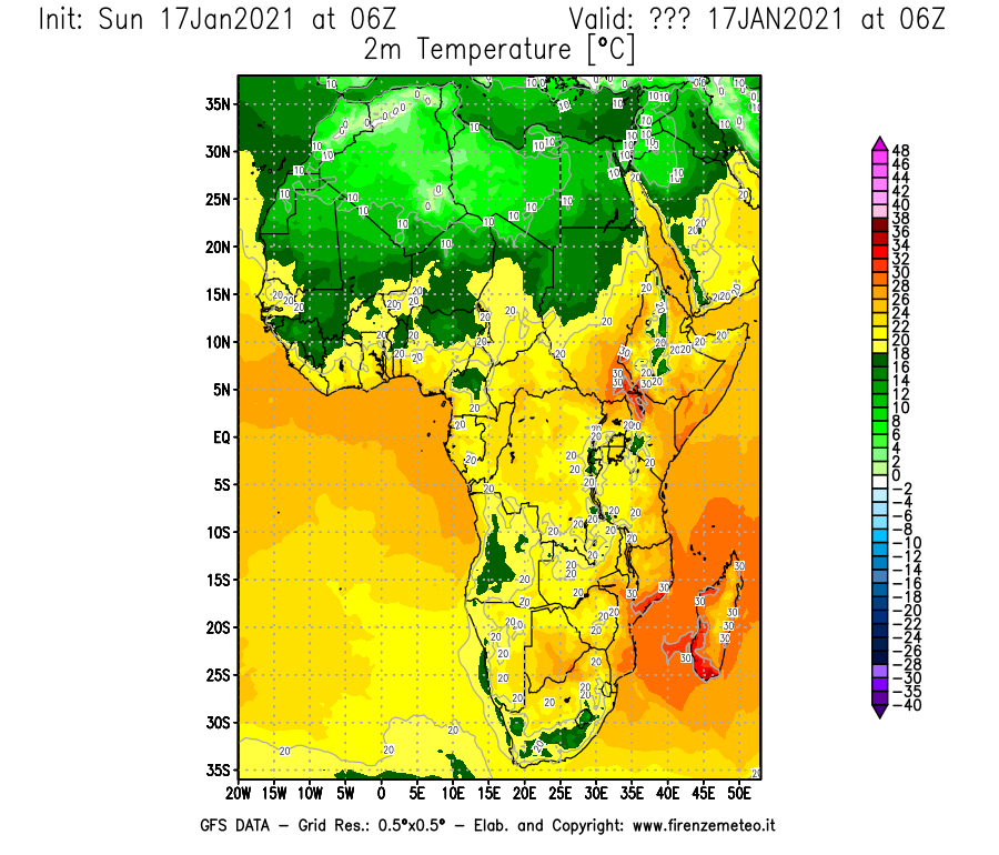 Mappa di analisi GFS - Temperatura a 2 metri dal suolo [°C] in Africa
							del 17/01/2021 06 <!--googleoff: index-->UTC<!--googleon: index-->