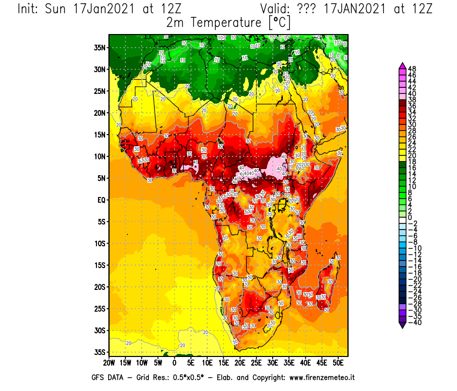 Mappa di analisi GFS - Temperatura a 2 metri dal suolo [°C] in Africa
							del 17/01/2021 12 <!--googleoff: index-->UTC<!--googleon: index-->