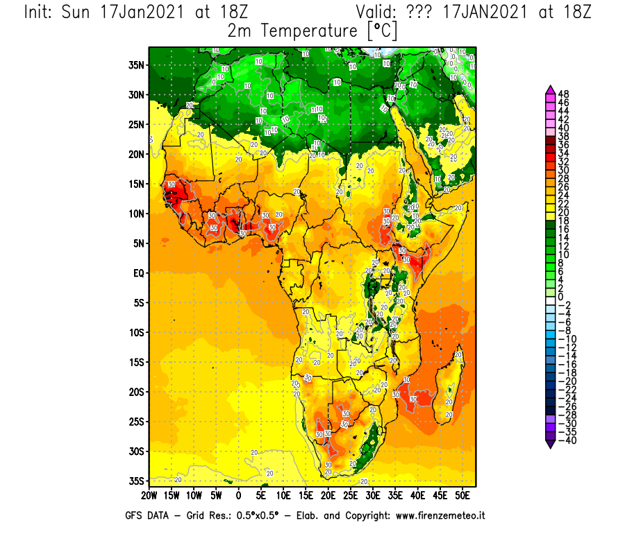 Mappa di analisi GFS - Temperatura a 2 metri dal suolo [°C] in Africa
							del 17/01/2021 18 <!--googleoff: index-->UTC<!--googleon: index-->