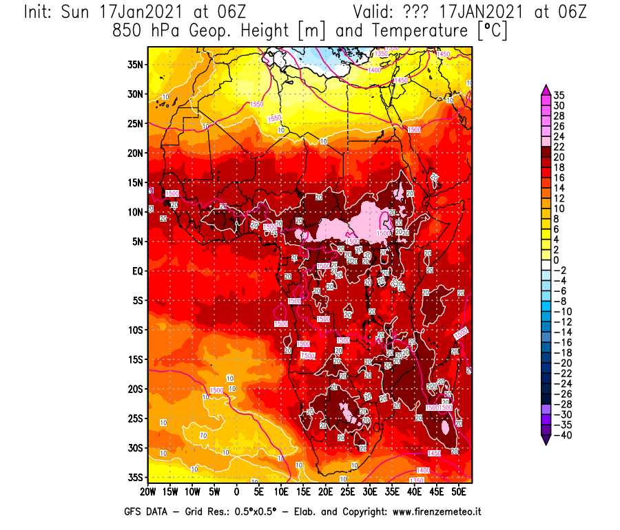 Mappa di analisi GFS - Geopotenziale [m] e Temperatura [°C] a 850 hPa in Africa
							del 17/01/2021 06 <!--googleoff: index-->UTC<!--googleon: index-->