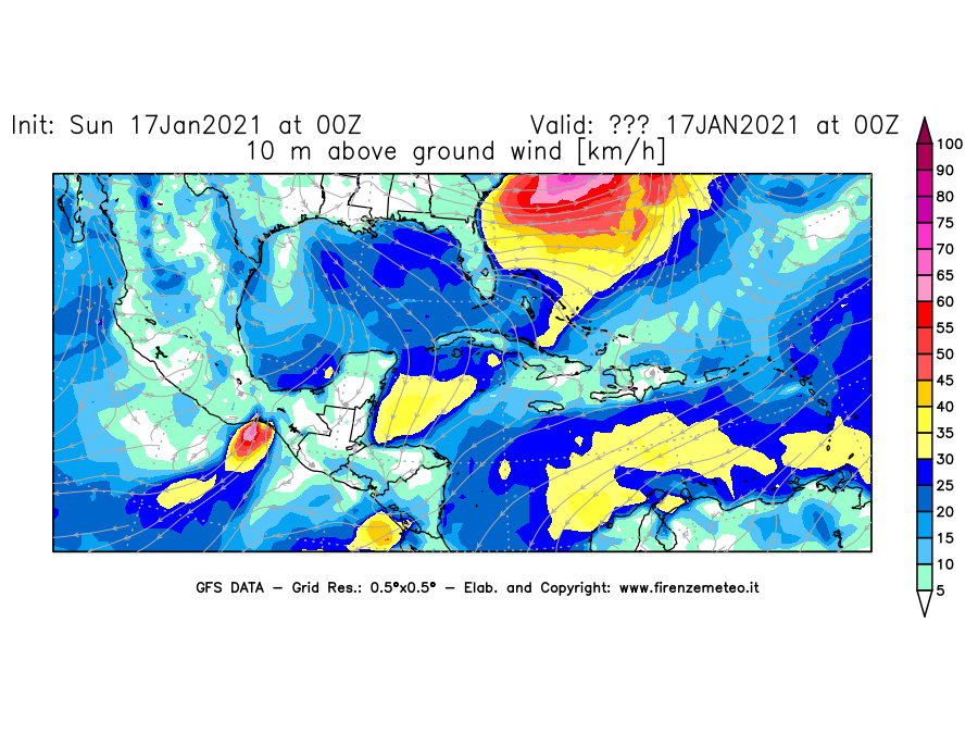 Mappa di analisi GFS - Velocità del vento a 10 metri dal suolo [km/h] in Centro-America
							del 17/01/2021 00 <!--googleoff: index-->UTC<!--googleon: index-->