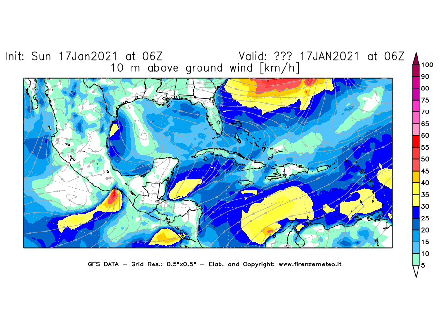 Mappa di analisi GFS - Velocità del vento a 10 metri dal suolo [km/h] in Centro-America
							del 17/01/2021 06 <!--googleoff: index-->UTC<!--googleon: index-->