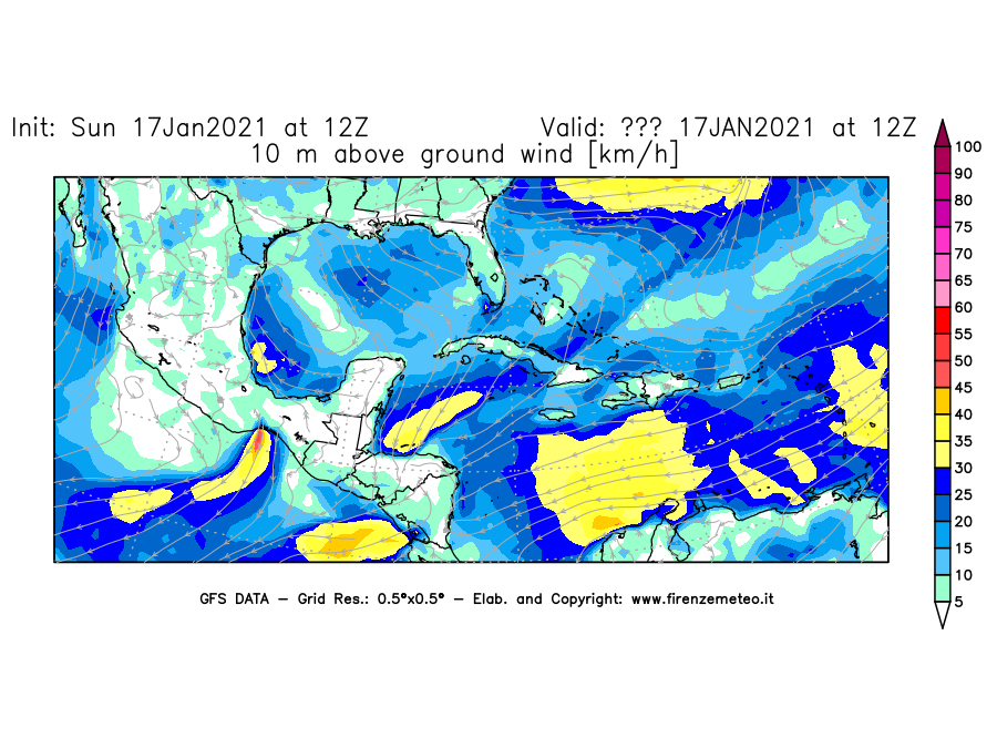 Mappa di analisi GFS - Velocità del vento a 10 metri dal suolo [km/h] in Centro-America
							del 17/01/2021 12 <!--googleoff: index-->UTC<!--googleon: index-->