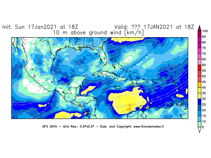 Mappa di analisi GFS - Velocità del vento a 10 metri dal suolo [km/h] in Centro-America
							del 17/01/2021 18 <!--googleoff: index-->UTC<!--googleon: index-->