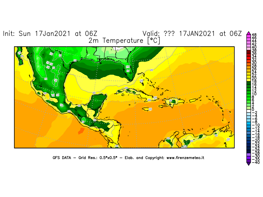 Mappa di analisi GFS - Temperatura a 2 metri dal suolo [°C] in Centro-America
							del 17/01/2021 06 <!--googleoff: index-->UTC<!--googleon: index-->