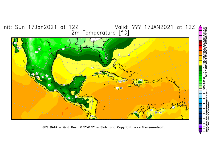 Mappa di analisi GFS - Temperatura a 2 metri dal suolo [°C] in Centro-America
							del 17/01/2021 12 <!--googleoff: index-->UTC<!--googleon: index-->