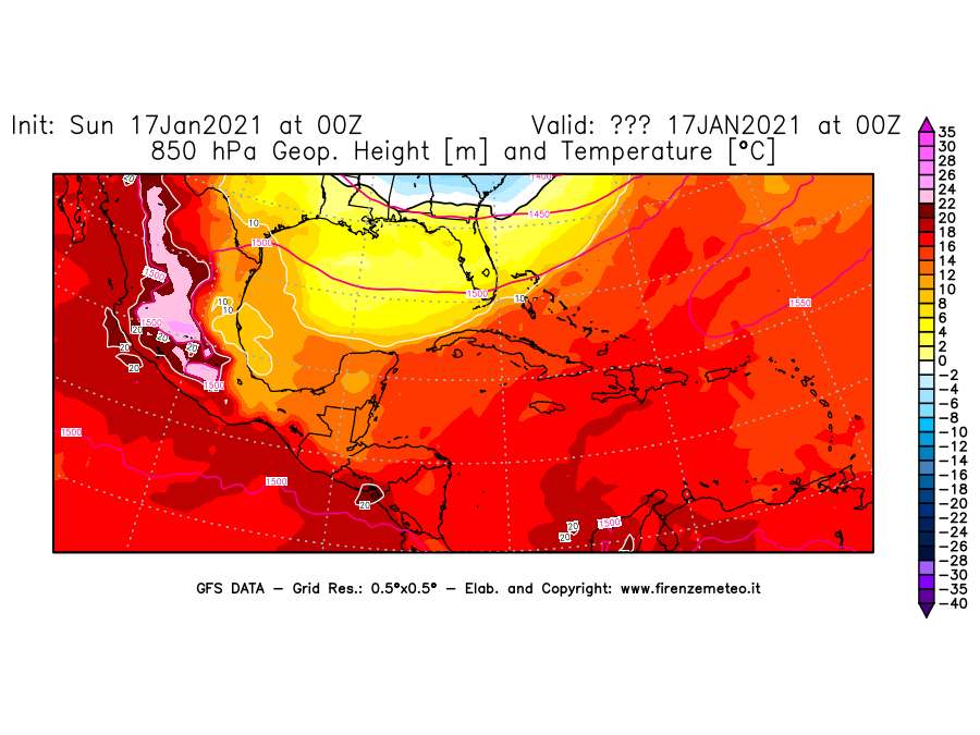 Mappa di analisi GFS - Geopotenziale [m] e Temperatura [°C] a 850 hPa in Centro-America
							del 17/01/2021 00 <!--googleoff: index-->UTC<!--googleon: index-->